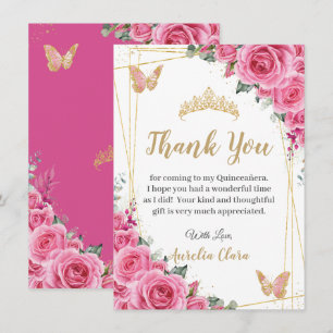 Quinceañera Pink Fuchsia Floral Gold Schmetterling Dankeskarte