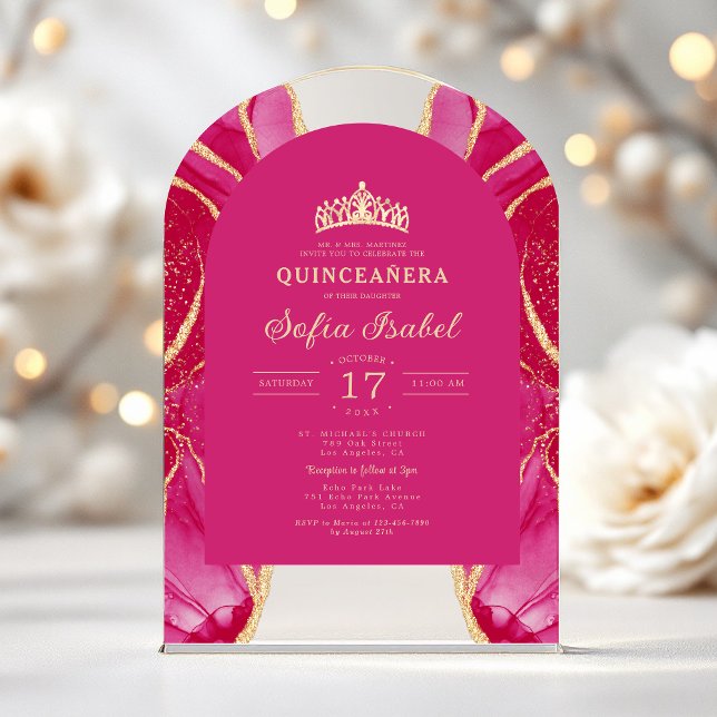 Quinceañera Pink Gold Agate Elegante Acryleinladungen (Von Creator hochgeladen)