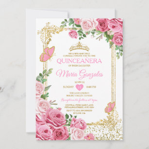 Quinceañera Pink Gold Crown Butterfly 15 Anos Einladung
