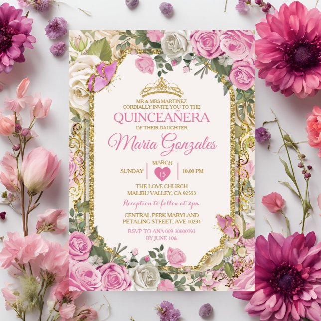 Quinceañera Pink & Gold Crown Mexicanischer Schmet Einladung (Von Creator hochgeladen)
