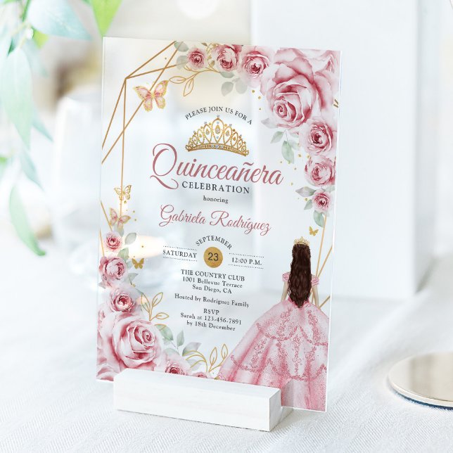 Quinceanera Pink Gold Dress Floral Acryleinladungen (Von Creator hochgeladen)