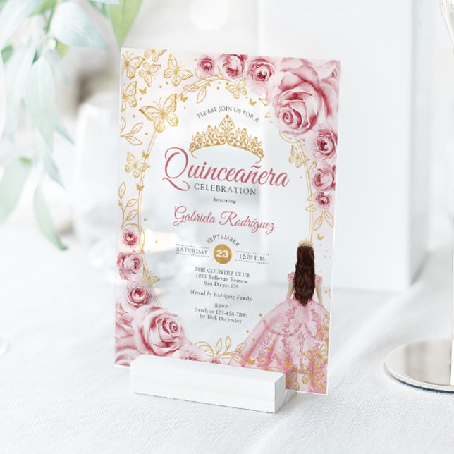 Quinceanera Pink Gold Floral Acryleinladungen (Von Creator hochgeladen)