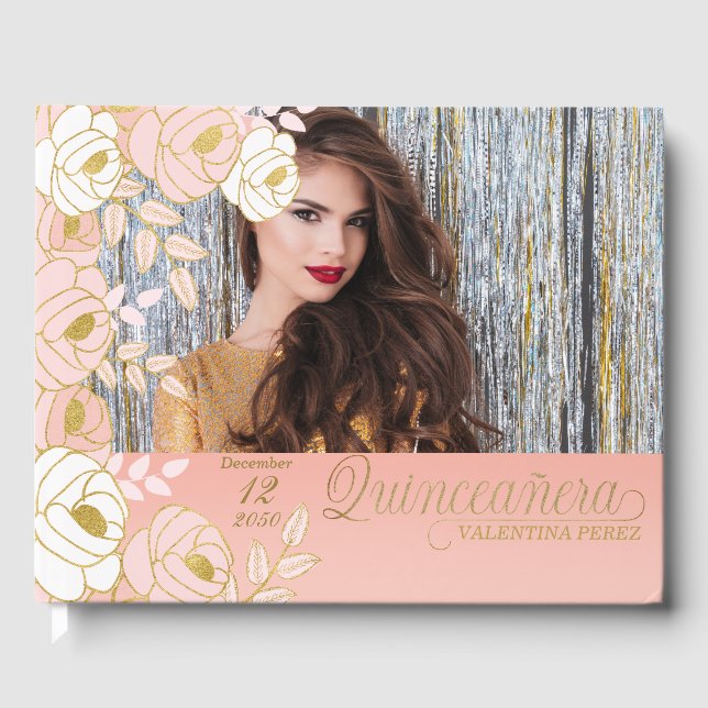 Quinceanera Pink Gold Floral Botanisch Gästebuch (Vorderseite)