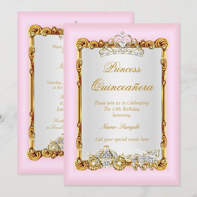Quinceanera Pink Gold Horriage Mairytale Einladung (Vorne/Hinten)