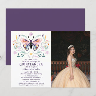 Quinceañera Pink Lila Butterfly Foto Floral Einladung