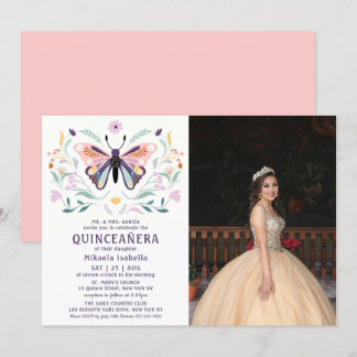 Quinceañera Pink Lila Butterfly Foto Floral Einladung