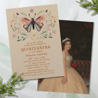 Quinceañera Pink Lila Butterfly Foto Floral Einladung