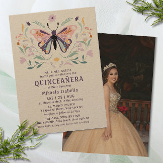 Quinceañera Pink Lila Butterfly Foto Floral Einladung