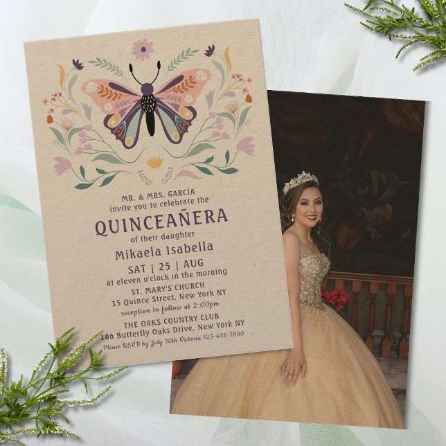 Quinceañera Pink Lila Butterfly Foto Floral Einladung (Von Creator hochgeladen)