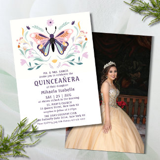 Quinceañera Pink Lila Butterfly Foto Floral Einladung