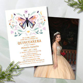 Quinceañera Pink Lila Butterfly Foto Floral Einladung