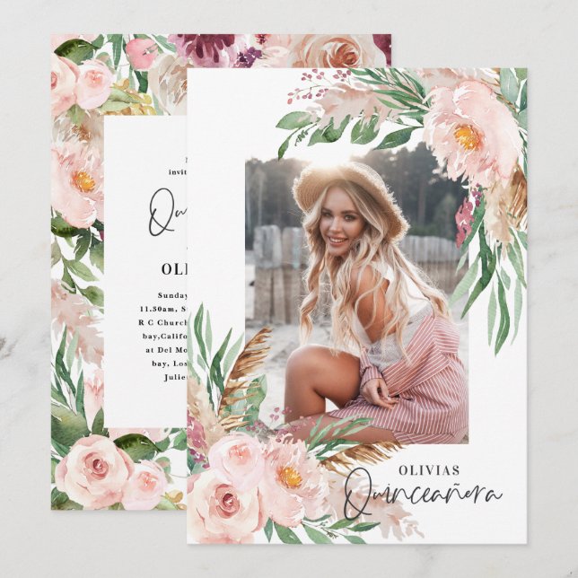 Quinceañera Pink mädchenhaftes Foto Geburtstag Einladung (Vorne/Hinten)