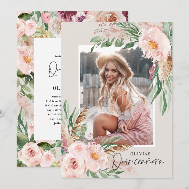 Quinceañera Pink mädchenhaftes Foto Geburtstag Einladung (Vorne/Hinten)