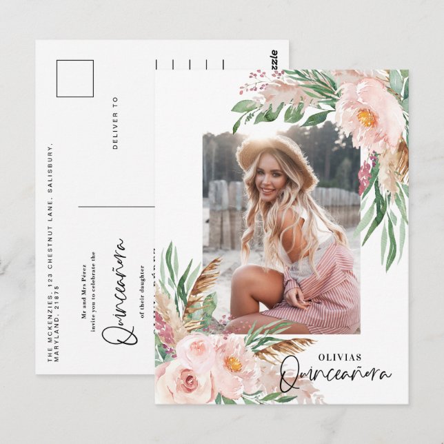 Quinceañera Pink mädchenhaftes Foto Geburtstag Postkarte (Vorne/Hinten)