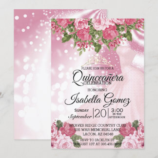 Quinceañera Pink Mauve Gown und Blume Einladung
