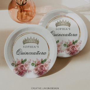 Quinceañera Pink Rose Crown Geburtstagsdekor Pappteller