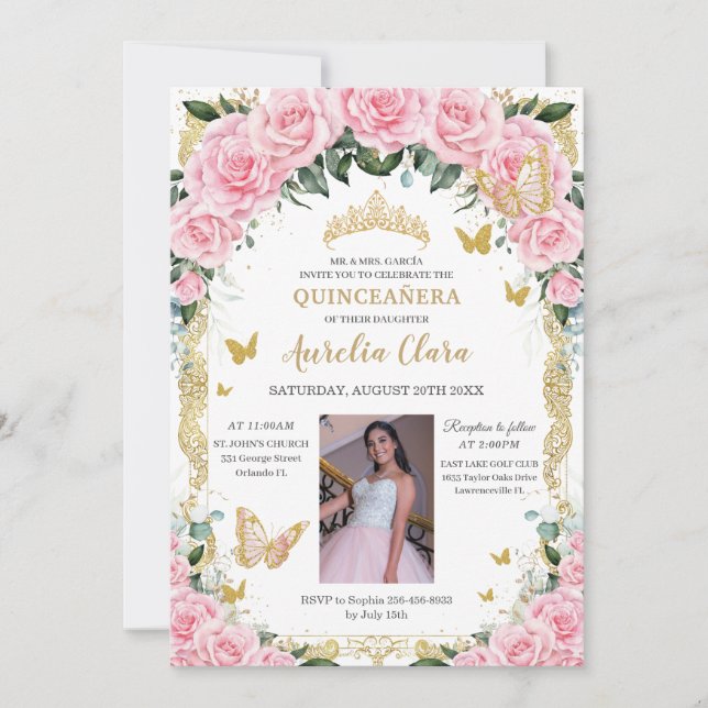Quinceanera Pink Rose Vintages Gold Foto Einladung (Vorderseite)