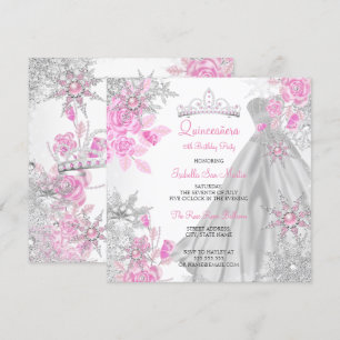 Quinceanera Pink Rose Winter Wonderland Schneefloc Einladung