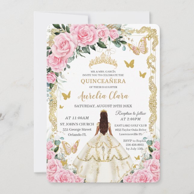 Quinceañera Pink Roses Blumenweißes Kleid Prinzess Einladung (Vorderseite)