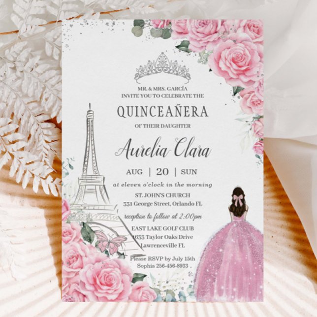 Quinceañera Pink Roses Floral Paris Eiffel Silver Einladung (baby-pink-floral-roses-silver-eiffel-tower-paris-quinceanera-xv-sweet-sixteen-birthday-invitation)
