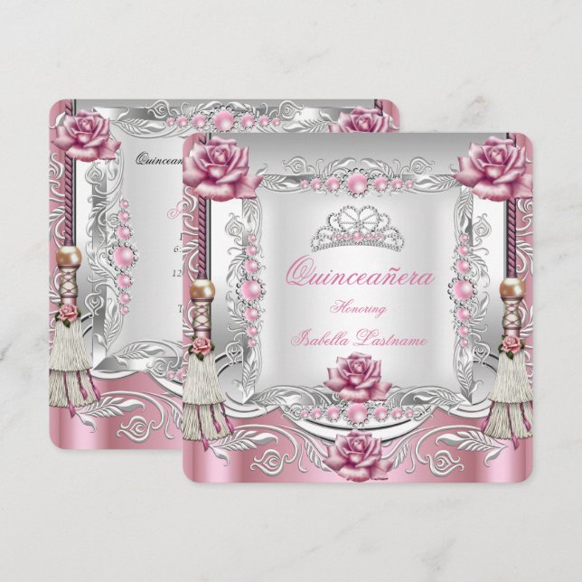 QUINCEANERA Pink Roses Tassels Silver Tiara Einladung (Vorne/Hinten)