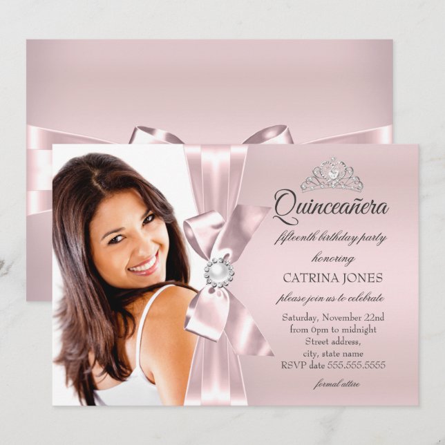 Quinceanera Pink Silver Diamond Bow Perle Tiara Einladung (Vorne/Hinten)