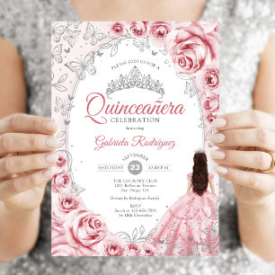 Quinceanera Pink Silver Floral Einladung