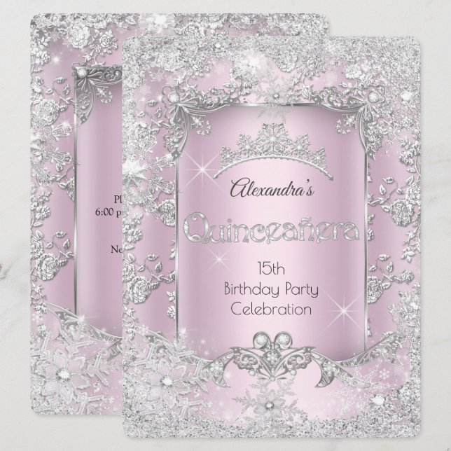 Quinceanera Pink Silver Tiara Winter Wonderland Einladung (Vorne/Hinten)