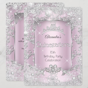 Quinceanera Pink Silver Tiara Winter Wonderland Einladung