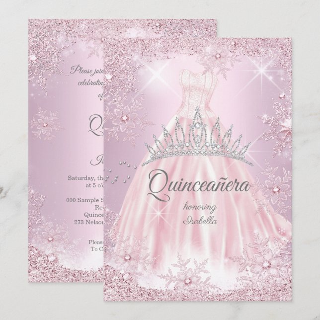 Quinceanera Pink Snowflake Winterkleid Tiara Einladung (Vorne/Hinten)