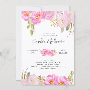 Quinceanera Pink und Gold Aquarell Blüten Einladung
