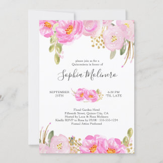 Quinceanera Pink und Gold Aquarell Blüten Einladung