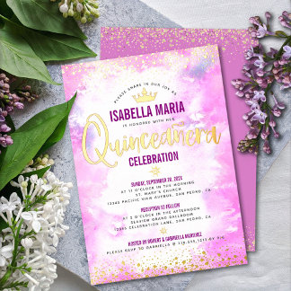 Quinceañera Pink Wasserfarben Crown Giro Real Gold Folieneinladung