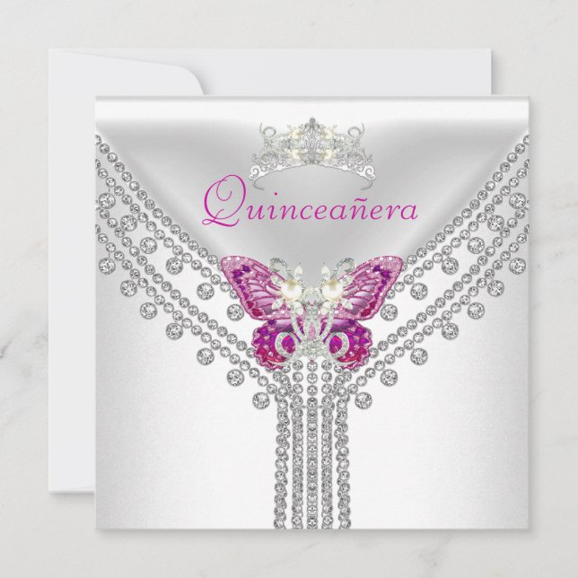 Quinceañera Pink White Butterfly Diamond 2 Einladung (Vorderseite)