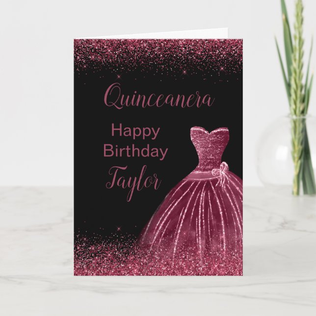 Quinceanera Plum Lila Dress Imitate Glitzer Karte (Vorderseite)