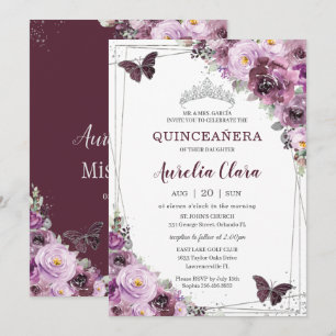 Quinceañera Plum Mauve Floral Butterfliegen Silver Einladung
