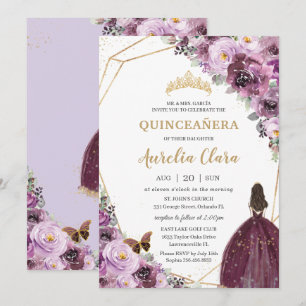 Quinceañera Plum Mauve Lila Blumengoldprinzessin Einladung
