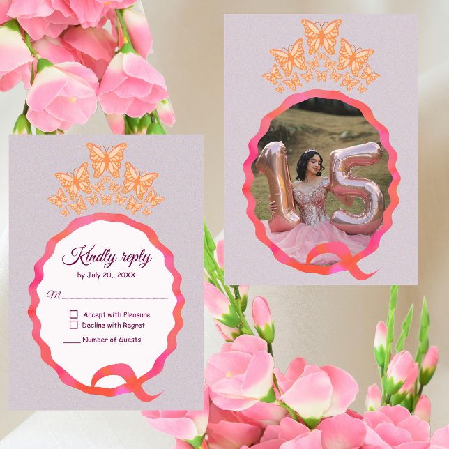 Quinceañera Princess Butterfly Crown Squigggle RSVP Karte (Von Creator hochgeladen)