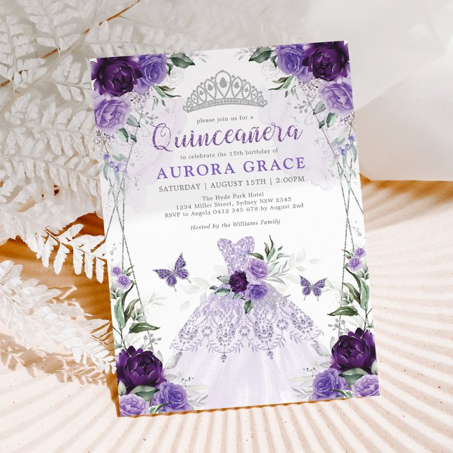 Quinceañera Princess Dress Lila Silver Floral Einladung (Von Creator hochgeladen)