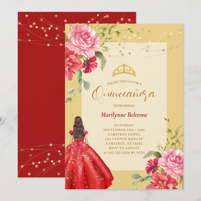 Quinceañera Princess Floral Red Yellow Einladung (Vorne/Hinten)