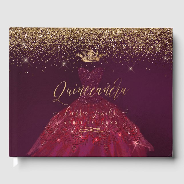 Quinceanera Princess Glitzer Gown, Burgund+Gold Gästebuch (Vorderseite)