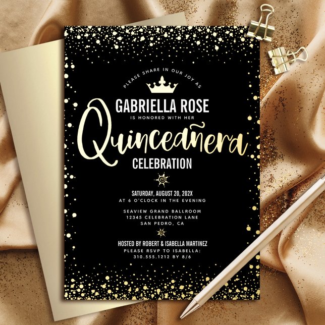 Quinceañera Princess Kronskript Black Real Gold Folieneinladung (Von Creator hochgeladen)