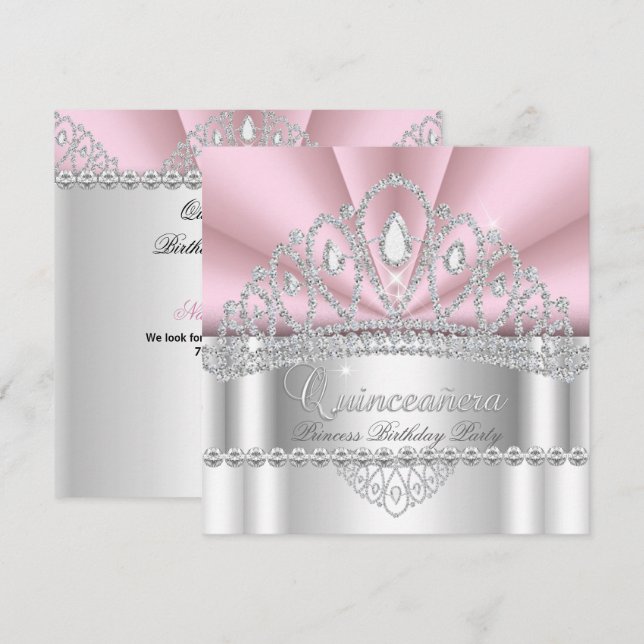 Quinceanera Princess Pink White Diamond Tiara Einladung (Vorne/Hinten)