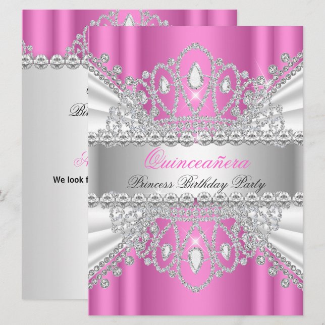 Quinceanera Princess Pink White Diamond Tiara Einladung (Vorne/Hinten)