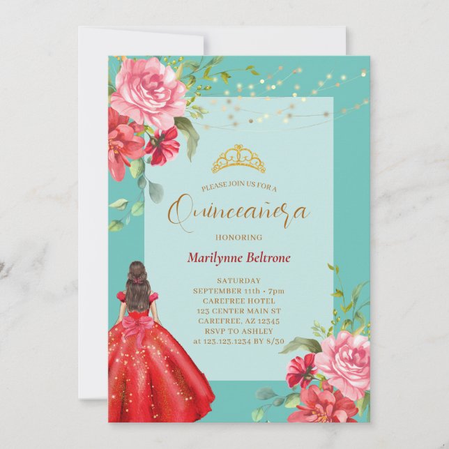Quinceañera Princess Red Floral Invitation (Devant)