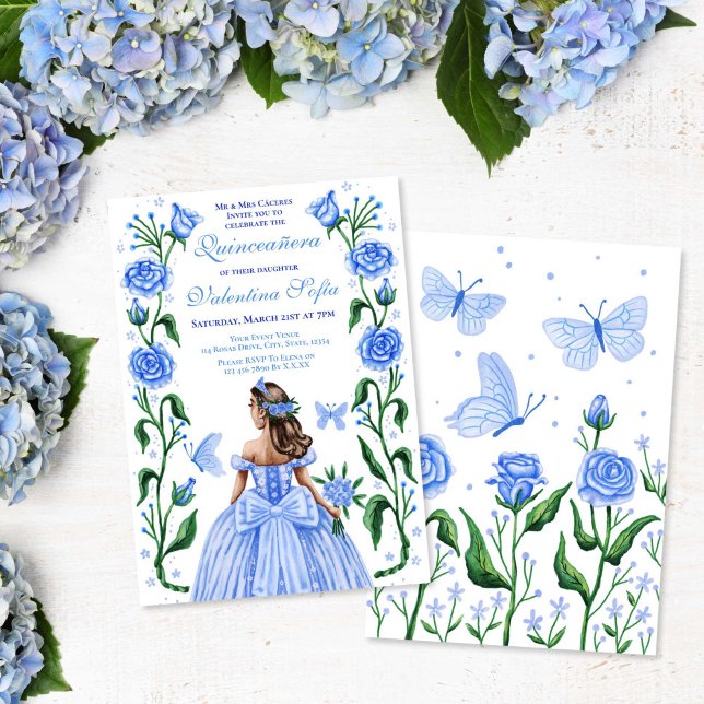 Quinceanera Princess Rose Butterfly Baby Blue Einladung (Quinceanera Princess Roses Butterfly Baby Blue Invitation)