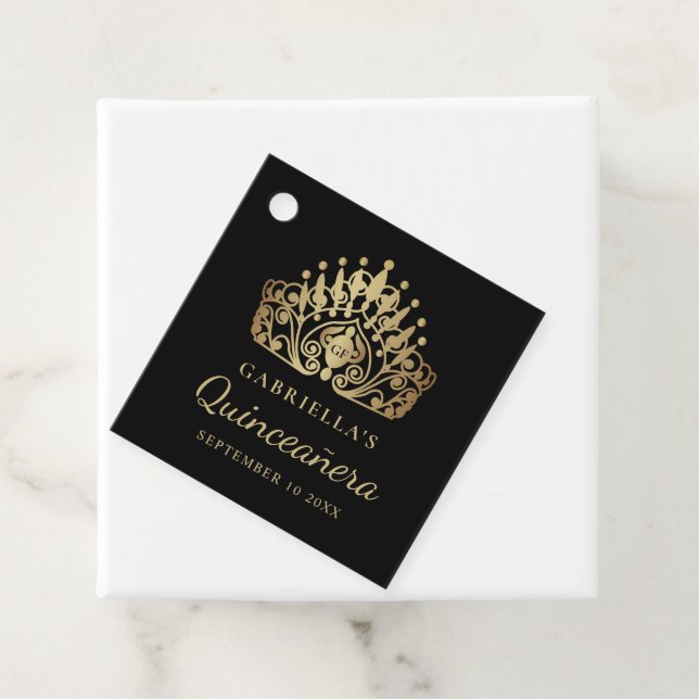 Quinceanera Princess Tiara Crown Black Gold Geschenkanhänger (Beispiel)