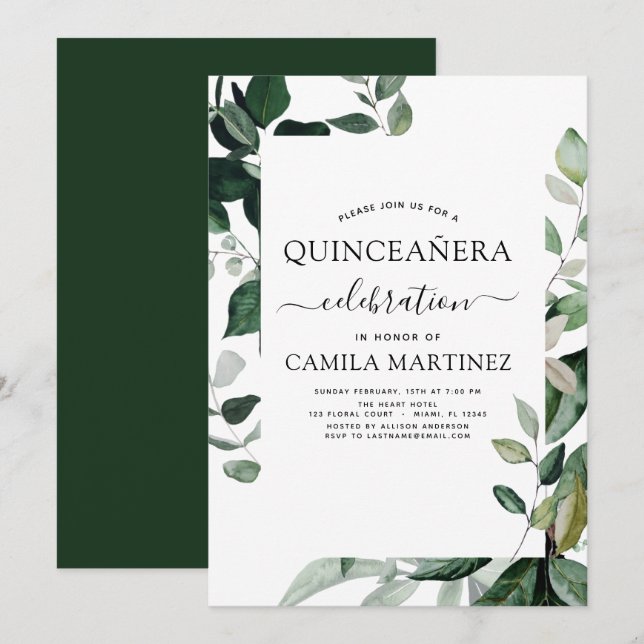 Quinceanera Printemps Botanique Vert Invitation (Devant / Derrière)