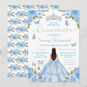 Quinceañera Prinzessin Blau Blumen Silber Tiara Einladung