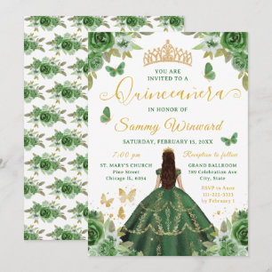 Quinceañera Prinzessin Dunkelgrün Floral Gold Tiar Einladung
